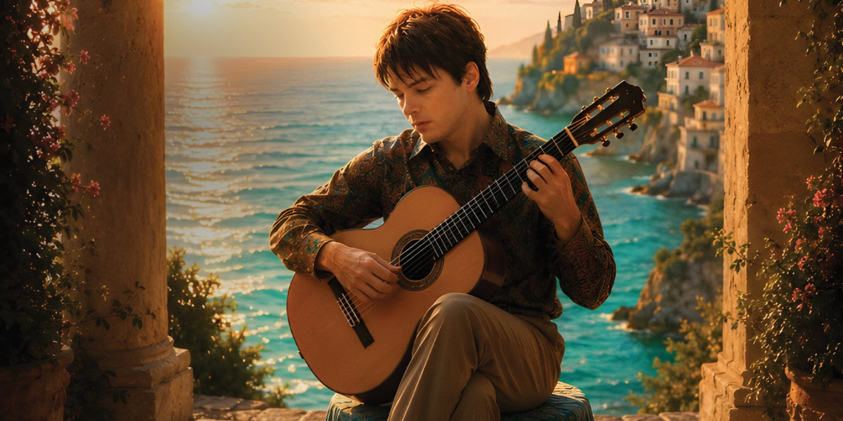 Daniel Bolshoy playing guitar in a window